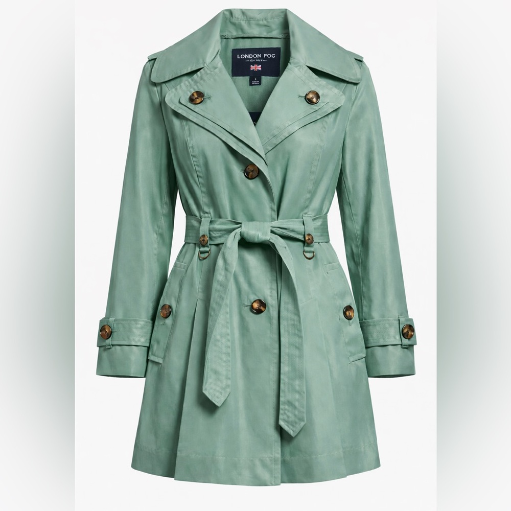 London Fog Women's Mint Green Double Lapel Single Breasted Trench Coat